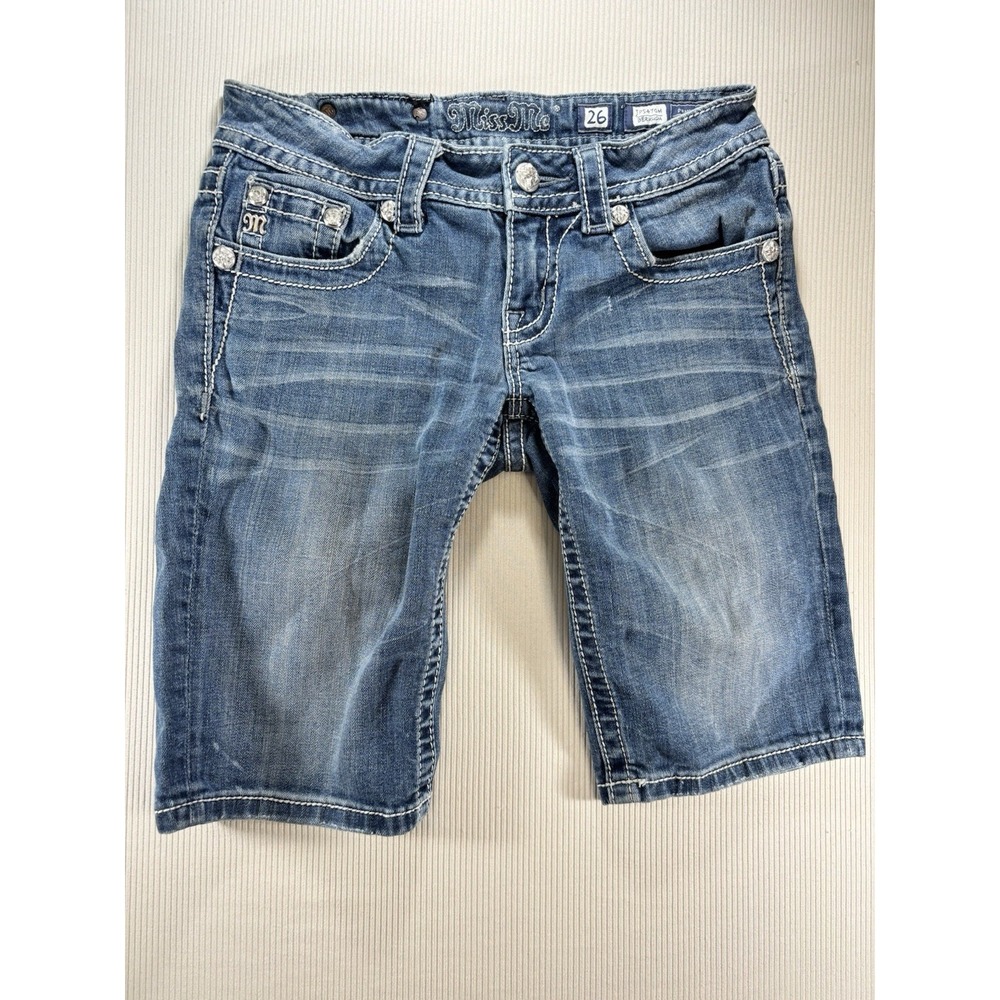 Miss Me Bermuda Jean Shorts Womens Size 26 Blue Rhinestone Embroidered Stretch